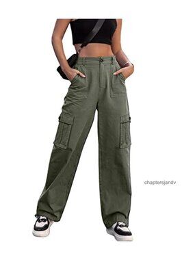 High Waisted Cargo Pants Wide Leg Cotton Spandex Casual Trousers
